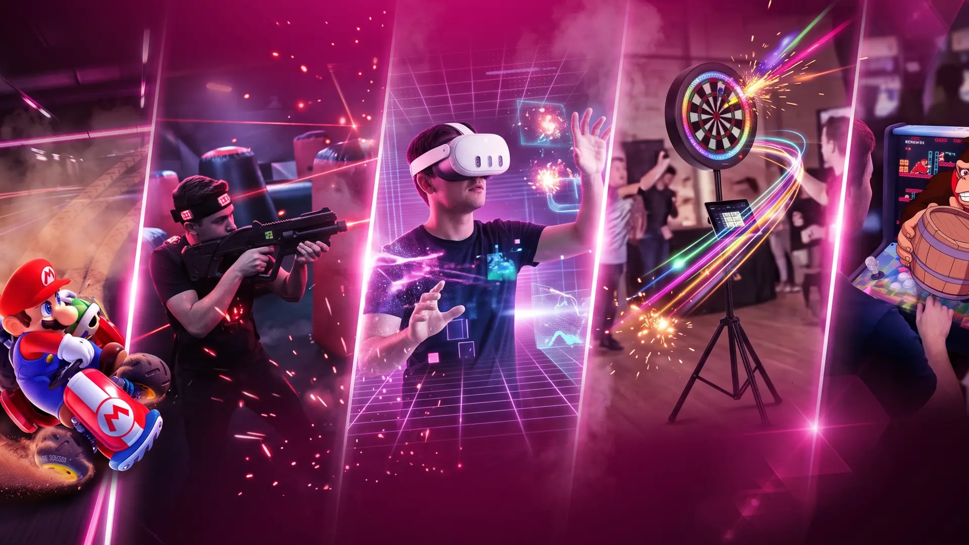 Joueur de laser game visant au milieu des obstacles gonflables