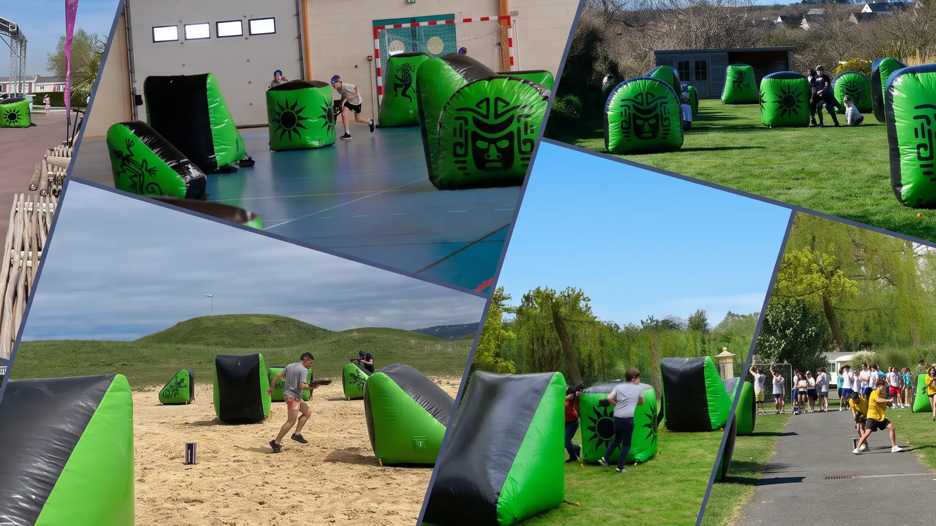 Terrain de laser game extérieur avec obstacles gonflables