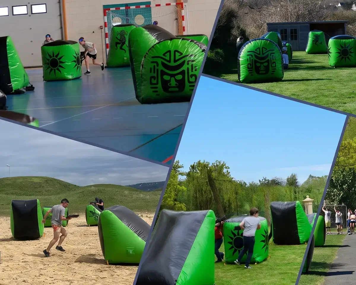 Terrain de laser game extérieur avec obstacles gonflables